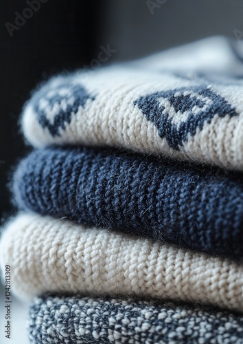 Stack of folded knitted sweaters. the sweaters are neatly folded and stacked on top of each other. the topmost sweater is white with a blue and white patterned design. photo