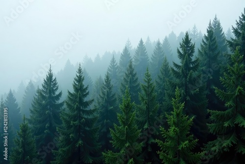 Dense northern spruce forest in foggy atmosphere, northern spruce, coniferous