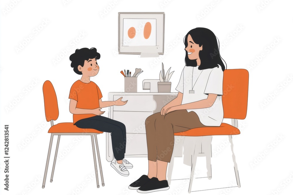 Child practicing pronunciation with speech therapist, working on communication skills in professional therapy setting Child practicing pronunciation with speech therapist, working on communication skills in professional therapy setting