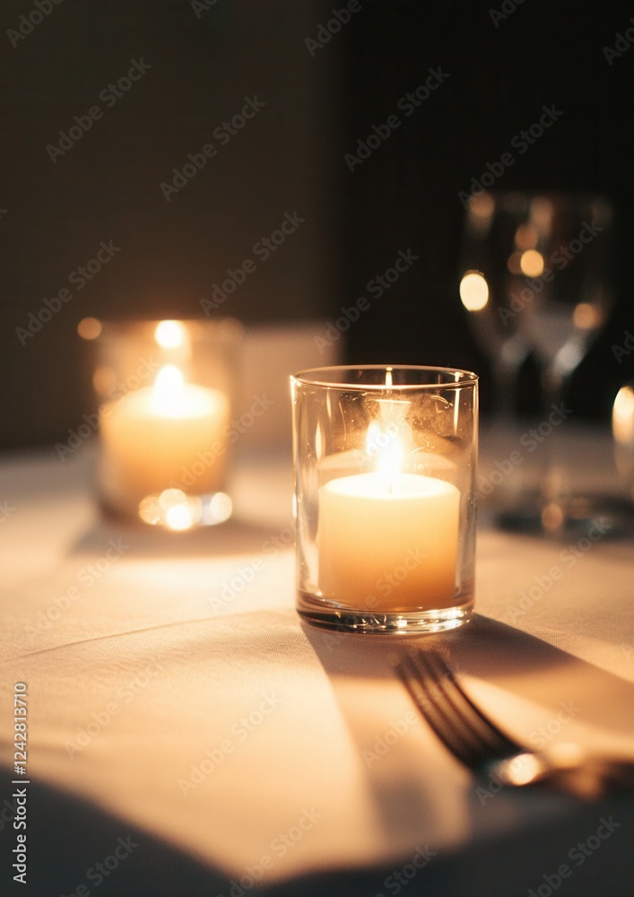 Close-up of a table setting with two small glass candles on it. the table is covered with a white tablecloth and there is a fork and knife on the right side of the table. Close-up of a table setting with two small glass candles on it. the table is covered with a white tablecloth and there is a fork and knife on the right side of the table.
