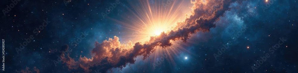 Fototapeta premium Cosmic rays illuminating a dark blue and gold nebula, nebula, ethereal, glowing