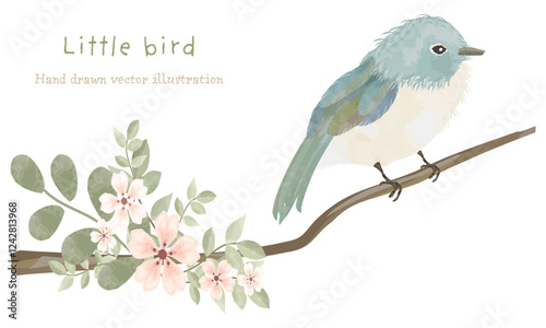 水彩で描いた青い鳥（桜をあしらった枝木にとまる青い小鳥のイラスト）