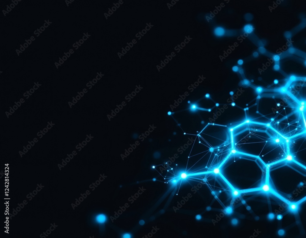 Obraz premium AI image Glowing blue molecular structure on black, abstract background. Suitable for science, technology, or innovation themes.