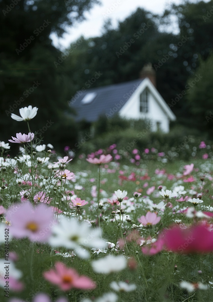 Close-up of a field of pink and white flowers. the flowers are in full bloom and are scattered throughout the field. in the background, there is a small white house with a sloping roof and a chimney. Close-up of a field of pink and white flowers. the flowers are in full bloom and are scattered throughout the field. in the background, there is a small white house with a sloping roof and a chimney.