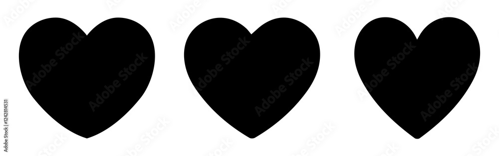 Set of hearts in black color with white background, black heart icons set. Set of 3 hearts of different shapes for web. Heart collection. Vector symbols. Set of hearts in black color with white background, black heart icons set. Set of 3 hearts of different shapes for web. Heart collection. Vector symbols.