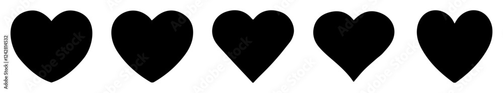 Set of hearts in black color with white background, Black heart icons set. Set of 5 hearts of different shapes for web. Heart collection. Vector symbols. Set of hearts in black color with white background, Black heart icons set. Set of 5 hearts of different shapes for web. Heart collection. Vector symbols.