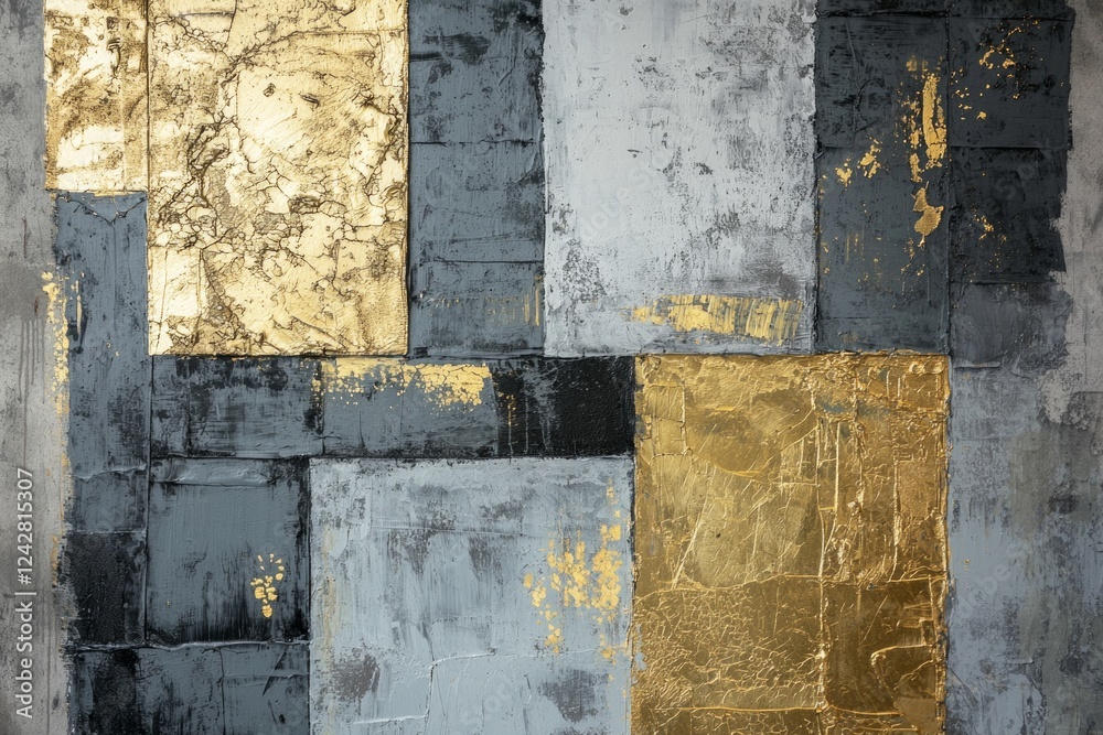 Naklejka premium Wall art, minimalist, with textured paint in shades of grey and gold. 