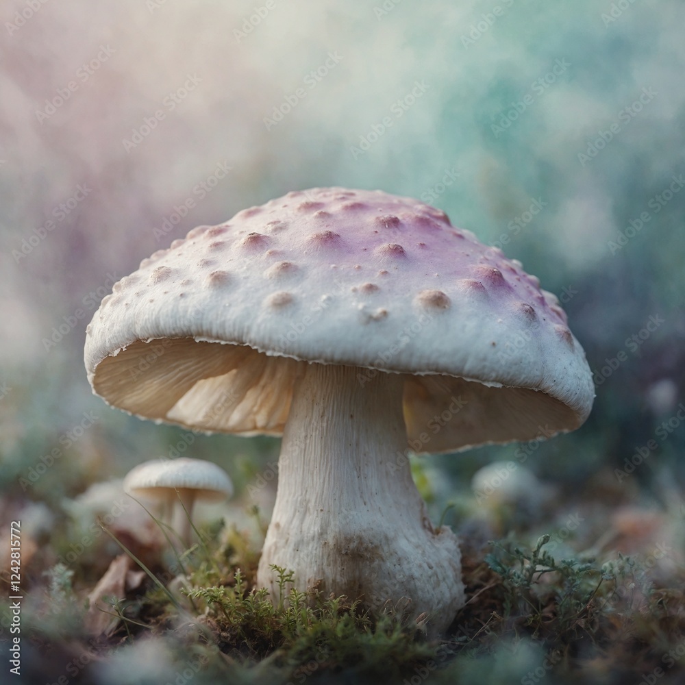 Fototapeta premium A watercolor-style painting of a dreamy white mushroom in soft pastel colors.