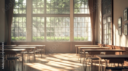Sunny classroom with wooden desks, sunlight streaming through large windows, showing trees outside. Ideal for education, learning