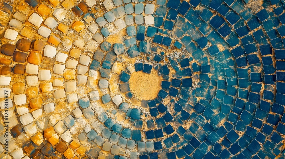 Fototapeta premium Digital security concept, abstract shapes in gold and blue, data protection theme, light patterns and textures create depth.