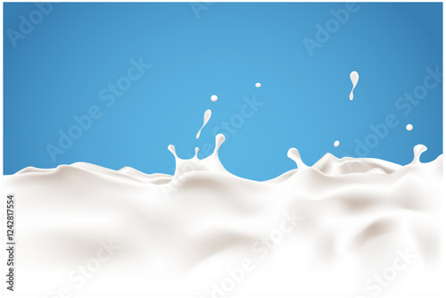 Milk splash seamless pattern. 3d realistic yogurt wave border on blue background. Vector milky package design.