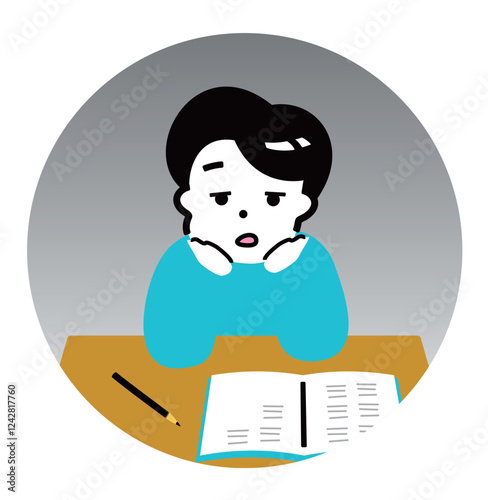 無気力な男の子：受験勉強や宿題に疲れた子供・若者の鬱な表情と頬杖イラスト