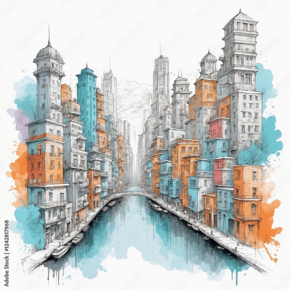 Fototapeta premium Hand-Drawn Cityscape Art in Bright and Lively Colors