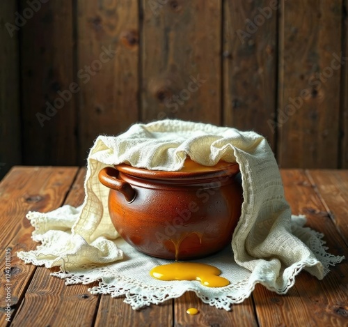 Wooden table with a clay pot placed underneath a cheesecloth covering the melted ghee, rustic atmosphere, natural ambiance, dinner setup photo