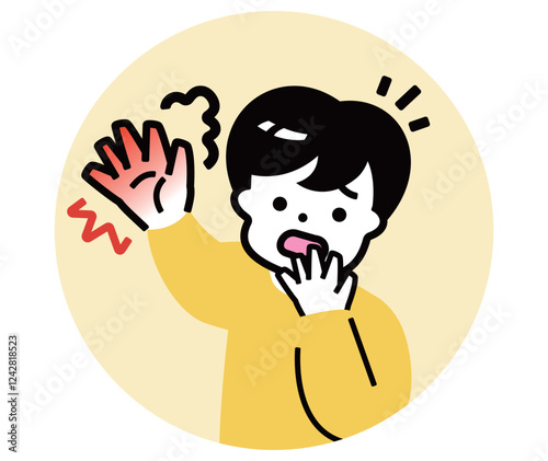 危険な熱いものに触れる男の子：子供の手のやけど注意イラスト素材_火傷注意