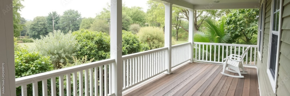 wooden porch with white railings overlooking green backyard area, greenery, rustic charm wooden porch with white railings overlooking green backyard area, greenery, rustic charm