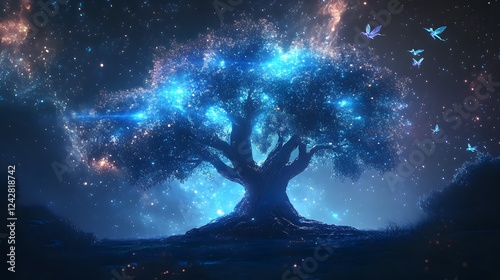 mystical tree of life with a cosmic nebula on the background photo