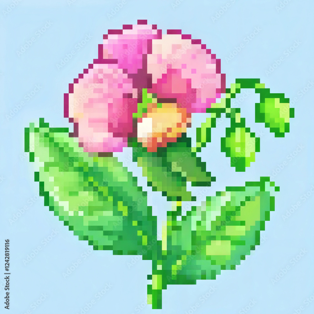 Obraz premium Sweet pea flower in pixel art style on light blue background for cross stitch pattern