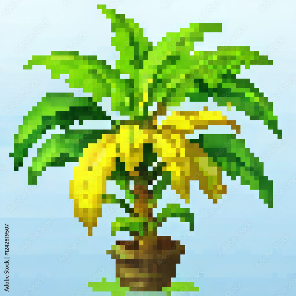 Fototapeta premium Pixel art illustration of a banana plant with yellow bananas in a pot for cross stitch pattern