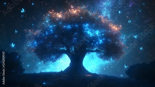 mystical tree of life with a cosmic nebula on the background photo