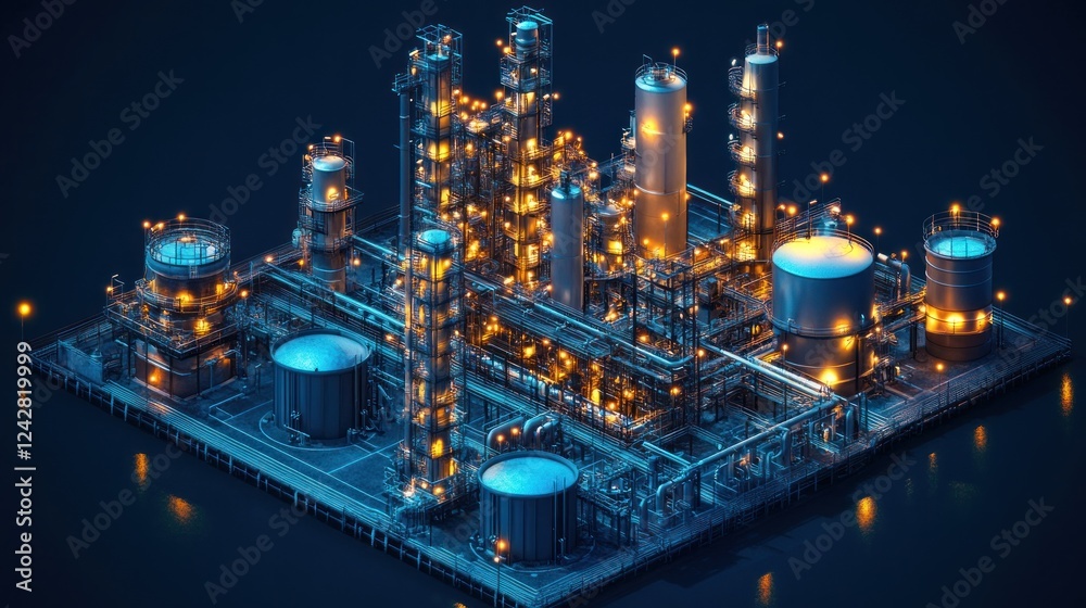 Fototapeta premium Illuminated Industrial Refinery Complex at Night