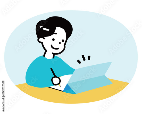 小学生ぐらいの子供(男の子)がタブレットとノートに書いて勉強・学習しているイラスト_子どもの塾・ICT教育授業関連イメージ