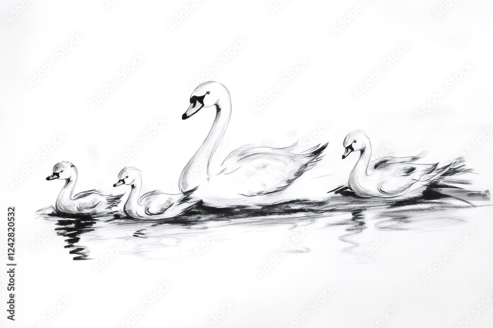 Obraz premium Ink sketch of a swan family swimming on a calm lake, creating a peaceful and natural scene
