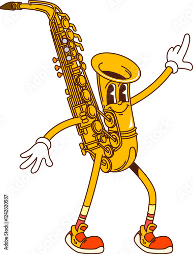 Cartoon saxophone groovy musical instrument character. Isolated vector funny sax personage with happy smile and expressive hand gesture, ready for jazz concert, music school education and performance