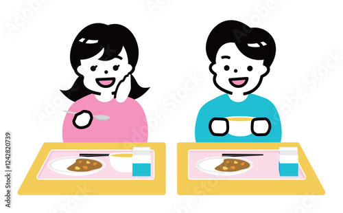 笑顔あふれる日本人小学生の学校の教室での給食時間：子供たちの食事風景イラスト素材