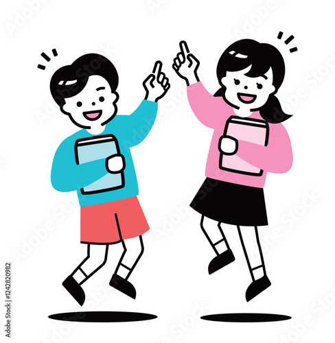 子供たちの成長_男女が塾の学習でステップアップでジャンプ、成績up・伸びる成績に喜ぶ笑顔の瞬間