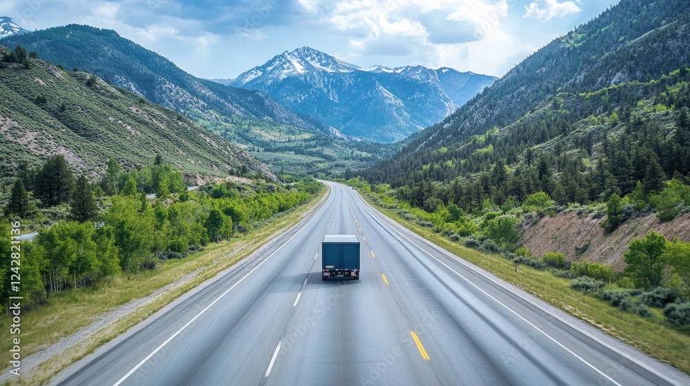 Truck driving on a highway through majestic mountains Truck driving on a highway through majestic mountains