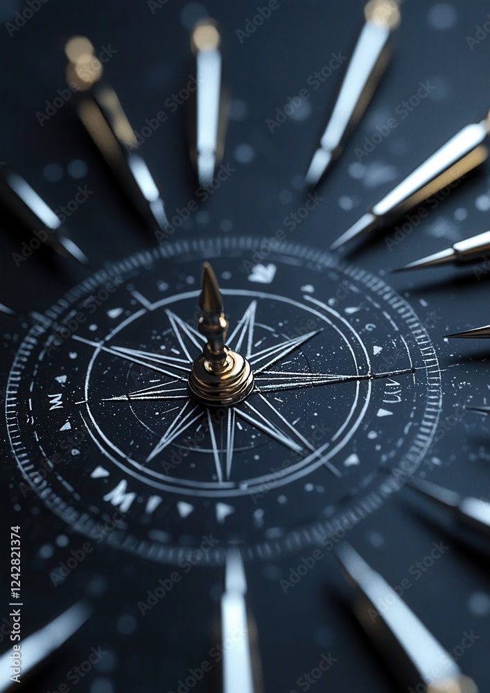 Close-up of a compass rose, which is a symbol of navigation and direction. the compass is in the center of the image, with a black background and white lines radiating outwards from the center. Close-up of a compass rose, which is a symbol of navigation and direction. the compass is in the center of the image, with a black background and white lines radiating outwards from the center.