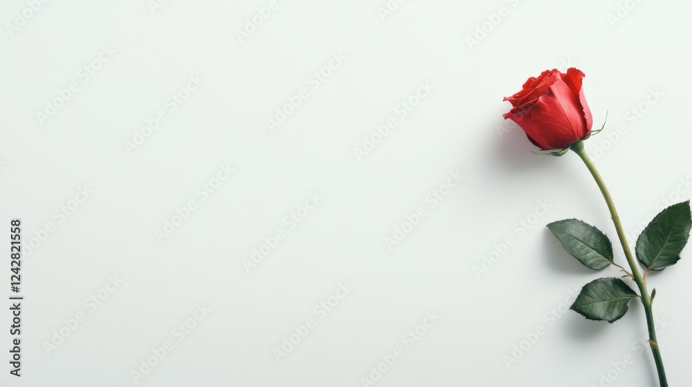 Fototapeta premium Single red rose on white background, minimal design, copy space, romantic greeting card
