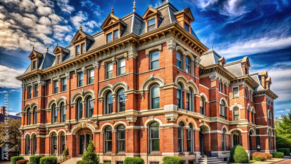 Fototapeta premium Wide-angle shot of a historic brick building with ornate moldings and intricate details, building restoration, brick facades, woodwork, architectural ornaments