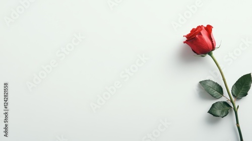 Fototapeta Naklejka Na Ścianę i Meble -  Single red rose on white background, minimal design, copy space, romantic greeting card