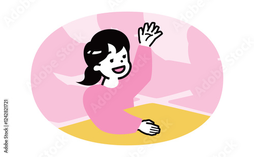 自信に満ちた小学生の女の子が、塾の授業で手を上げる挙手のイラスト：学校でも輝く子供たち