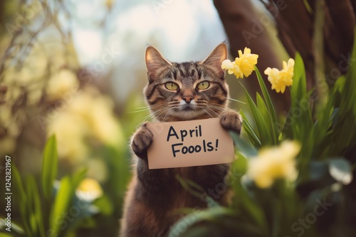 Tabby cat playfully holding an April Fools' Day sign in a vibrant spring garden filled with blooming yellow daffodils photo