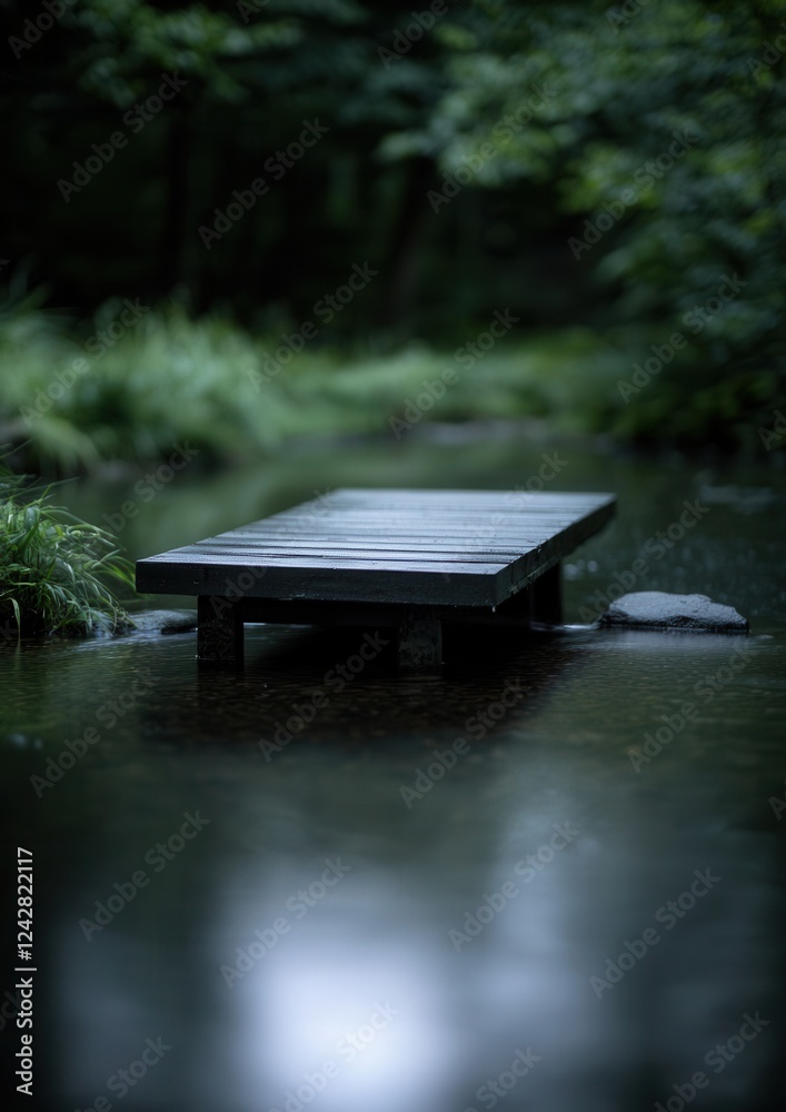 Naklejka premium Photograph of a wooden boardwalk in the middle of a small pond. the boardwalk is made of dark wood and is positioned in the center of the image.