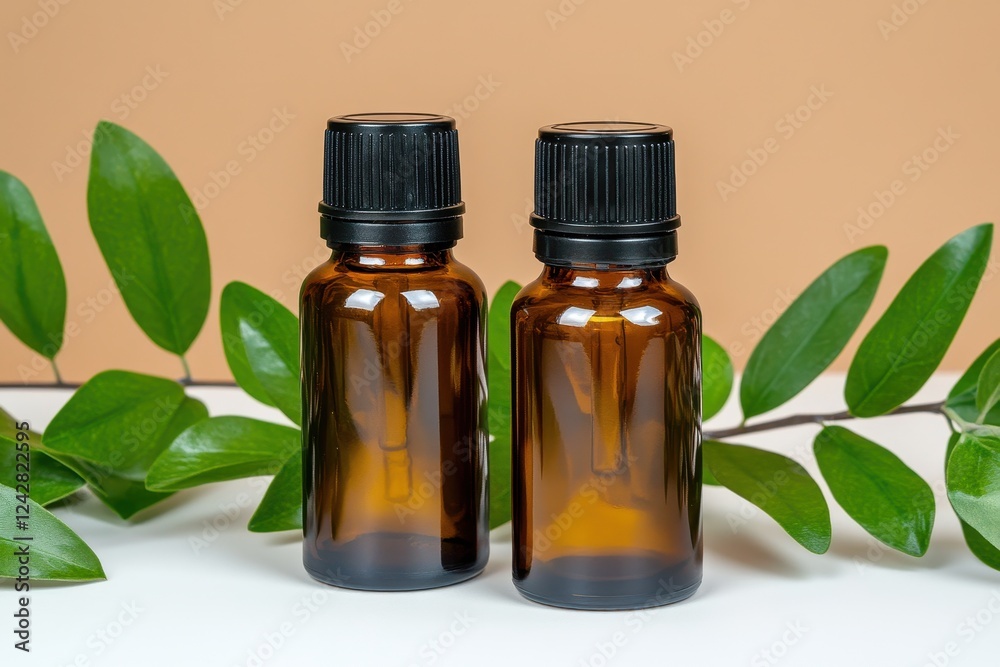 Amber Glass Bottles with Black Caps Surrounded by Green Leaves on a Light Background Amber Glass Bottles with Black Caps Surrounded by Green Leaves on a Light Background