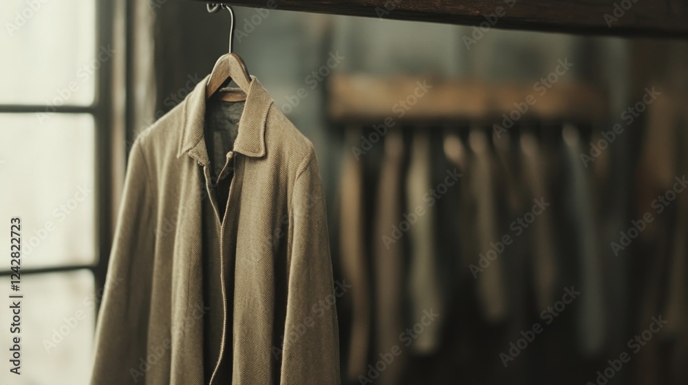 Beige coat hangs in rustic shop, other clothes blurred Beige coat hangs in rustic shop, other clothes blurred