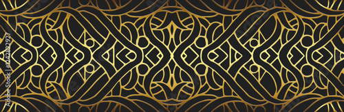 Banner, cover design. Geometric ethnic gold openwork 3D pattern, black background, embossing, vintage. Boho style. Relief decorative ornaments, arabesques of the East, Asia, India, Mexico, Aztec, Peru