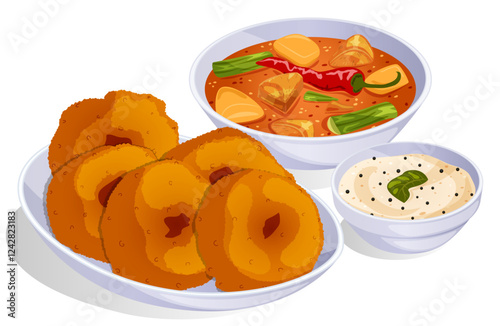 Medu Vadas Served with Sambar and Coconut Chutney. Traditional South Indian Meal Detailed Illustration
