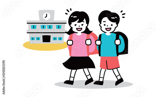 友達と一緒に学校へ登校：ランドセルを背負った笑顔の子供たちのかわいい小学生登下校イラスト