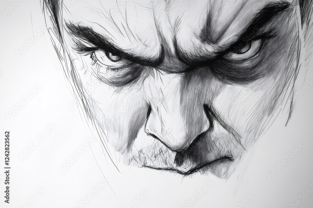 Obraz premium Close up pencil sketch of a frowning man with an intense stare, conveying feelings of anger and seriousness