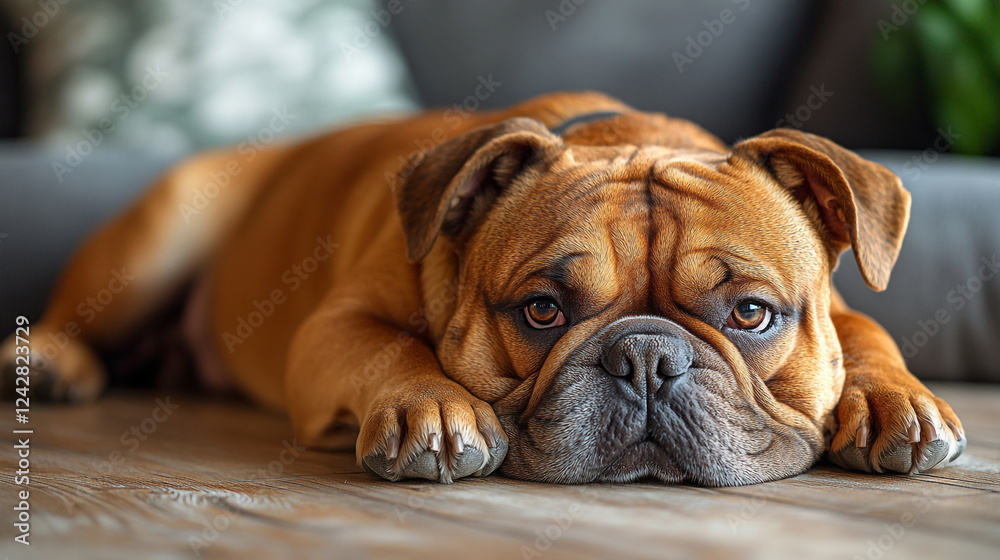 Celebrate National Puppy Day with a cozy bulldog lounging peacefully on a warm wooden floor Celebrate National Puppy Day with a cozy bulldog lounging peacefully on a warm wooden floor