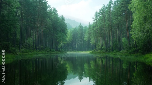 Fototapeta Naklejka Na Ścianę i Meble -  Misty forest lake reflection, calm nature scene, tranquil background, travel poster