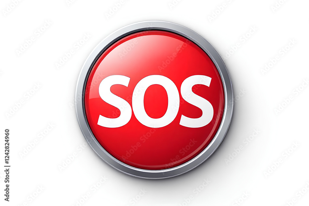A Red SOS Button with a Silver Bezel for Emergency Situations A Red SOS Button with a Silver Bezel for Emergency Situations