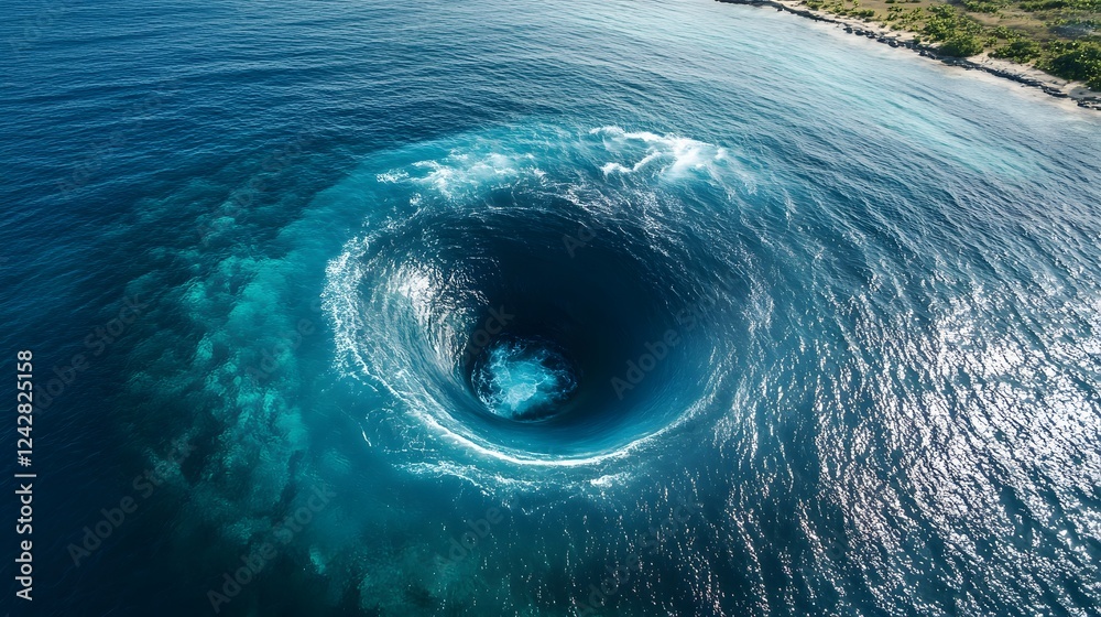 Vibrant ocean whirlpool, deep blue water swirling in a circular motion, captivating natural phenomenon, ideal for nature themes. Vibrant ocean whirlpool, deep blue water swirling in a circular motion, captivating natural phenomenon, ideal for nature themes.