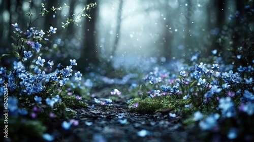 Blue flowers blooming on forest path, misty background, nature scene, ideal for fantasy or springtime themes