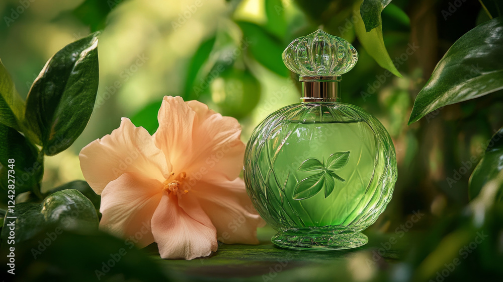 Eco-Friendly Perfume Bottle with Leaf Design in Lush Greenery - Natural Fragrance Concept Eco-Friendly Perfume Bottle with Leaf Design in Lush Greenery - Natural Fragrance Concept